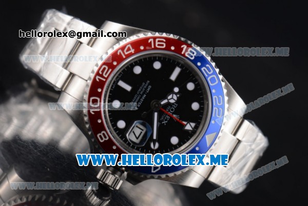 Rolex GMT-Master II Clone Rolex 3186 Automatic Stainless Steel Case/Bracelet with Black Dial and White Markers Red/Blue Bezel (BP) - Click Image to Close